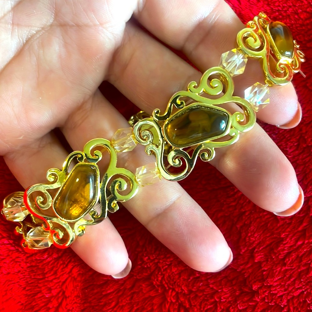 Gorgeous Goldtone and Brown Beaded Stretch Statement Bracelet